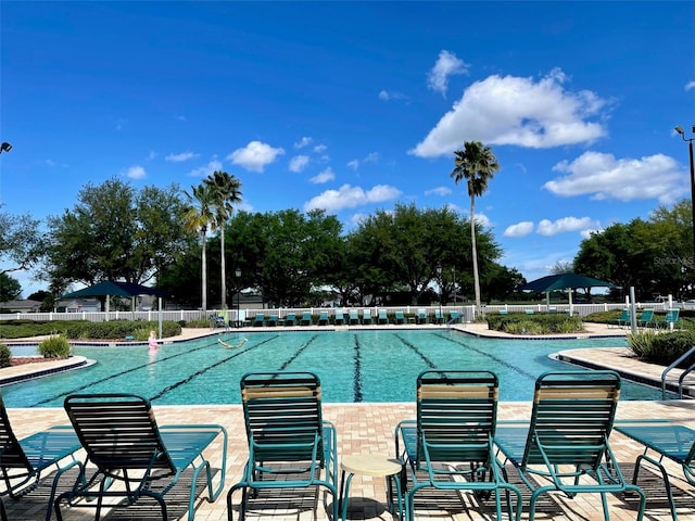 view of swimming pool with a patio