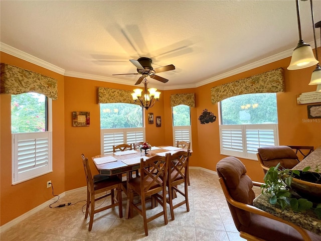 tiled dining area with a wealth of natural light, ceiling fan with notable chandelier, and ornamental molding