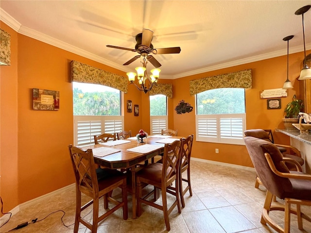 dining space featuring a wealth of natural light, light tile patterned flooring, and ornamental molding