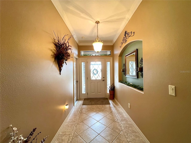 doorway featuring crown molding