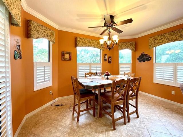 tiled dining room with crown molding, plenty of natural light, and ceiling fan with notable chandelier