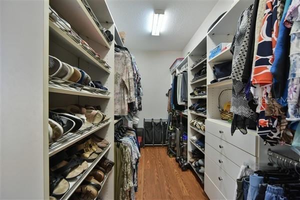 walk in closet with hardwood / wood-style floors