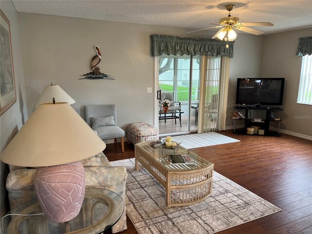 living room featuring plenty of natural light, a textured ceiling, and wood-type flooring