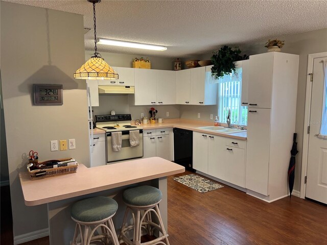 kitchen featuring white electric range, black dishwasher, dark wood-type flooring, sink, and a textured ceiling