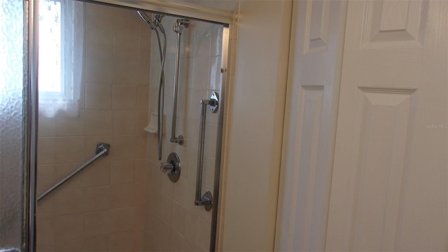 bathroom with a shower with shower door