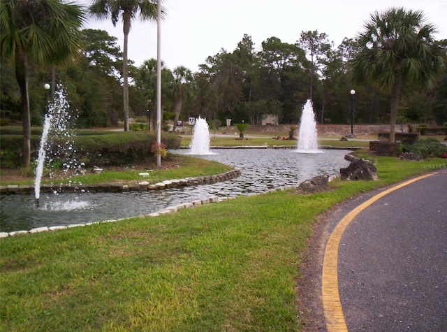 surrounding community with a lawn and a water view