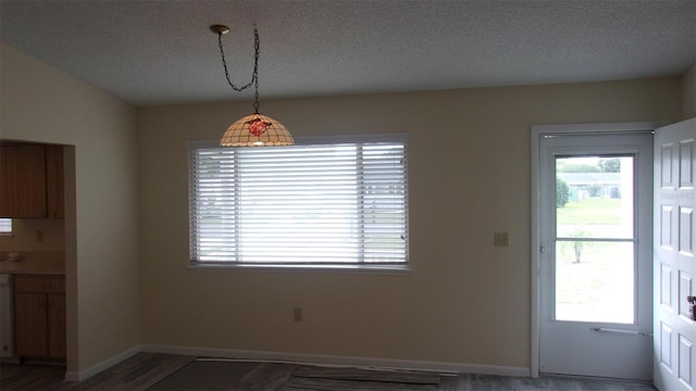 unfurnished dining area with hardwood / wood-style floors, a healthy amount of sunlight, and a textured ceiling