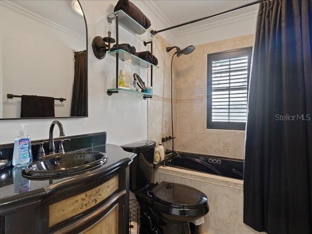 bathroom with shower / bath combo with shower curtain, ornamental molding, and vanity