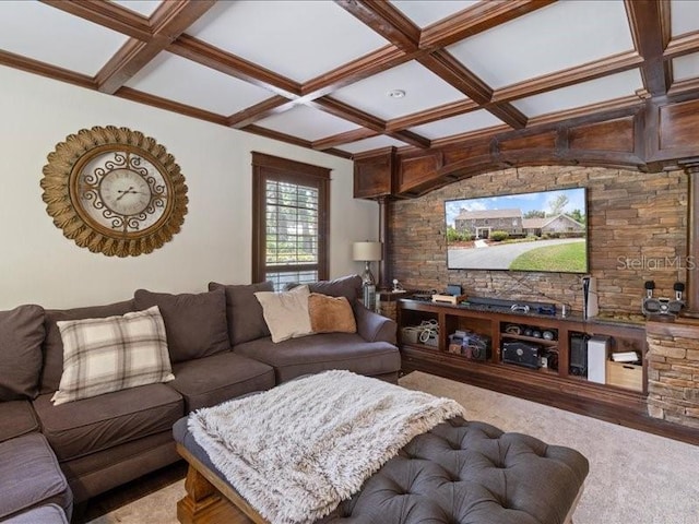 living room with carpet, beamed ceiling, and coffered ceiling