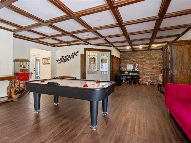 recreation room with beamed ceiling, french doors, dark wood-type flooring, and coffered ceiling