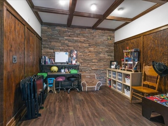 rec room with beamed ceiling, hardwood / wood-style floors, wooden walls, and coffered ceiling