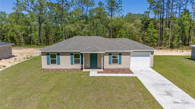 single story home featuring a front yard and a garage