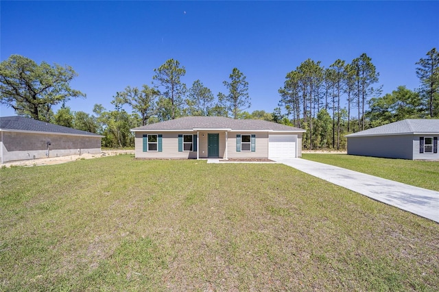 ranch-style house with covered porch, a garage, and a front lawn