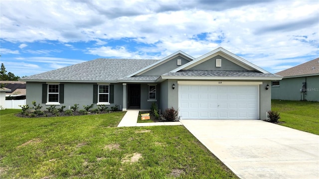 single story home with a garage and a front lawn