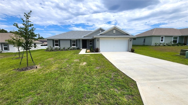 ranch-style house featuring a garage and a front yard