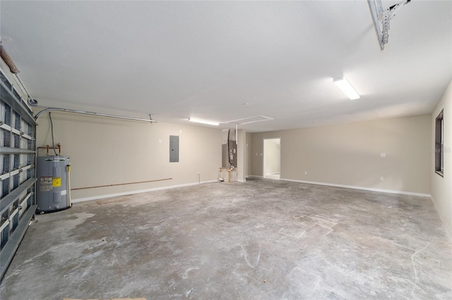 garage featuring electric panel and water heater