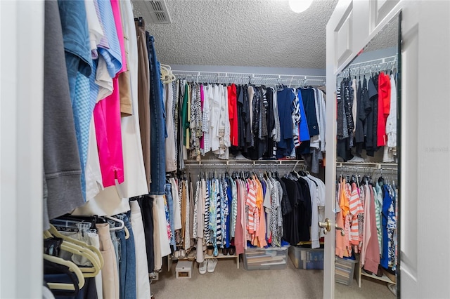 walk in closet featuring carpet flooring