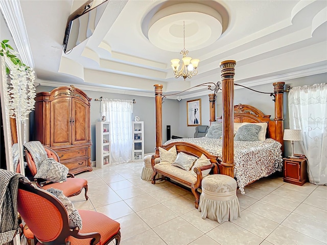 tiled bedroom with a raised ceiling, crown molding, and a notable chandelier