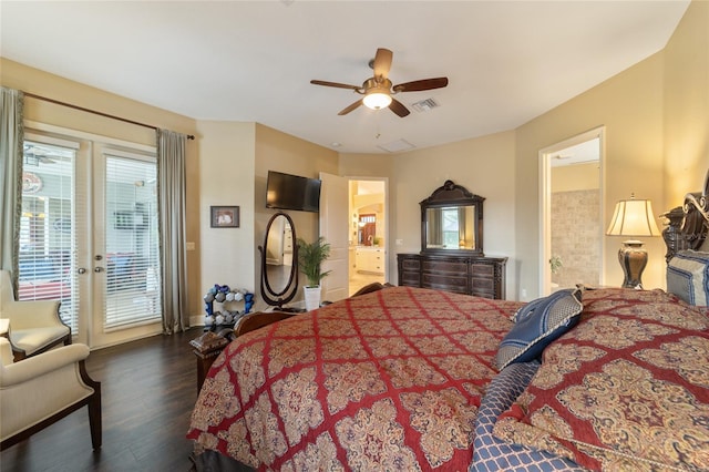 bedroom featuring ceiling fan, access to exterior, dark hardwood / wood-style floors, and ensuite bath