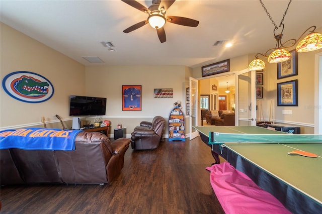 playroom featuring wood-type flooring and ceiling fan