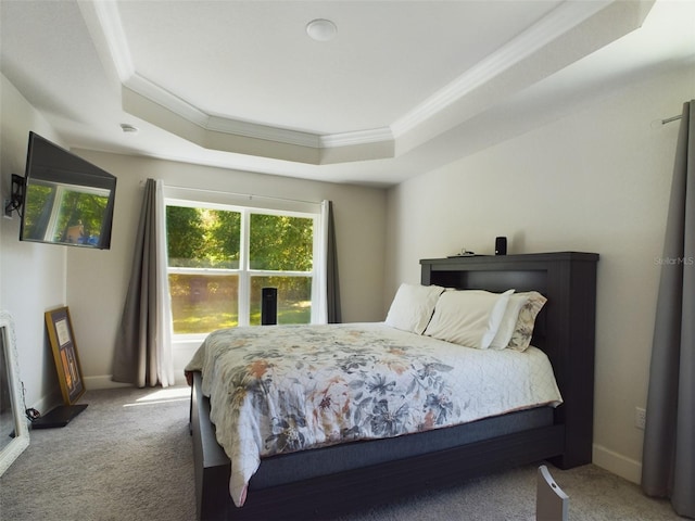 bedroom featuring carpet flooring, a raised ceiling, and crown molding