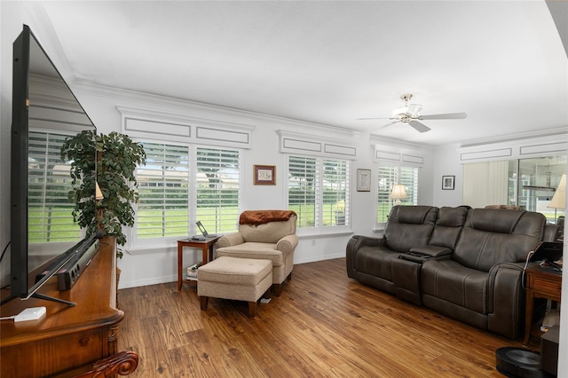 living room with crown molding, plenty of natural light, and wood-type flooring