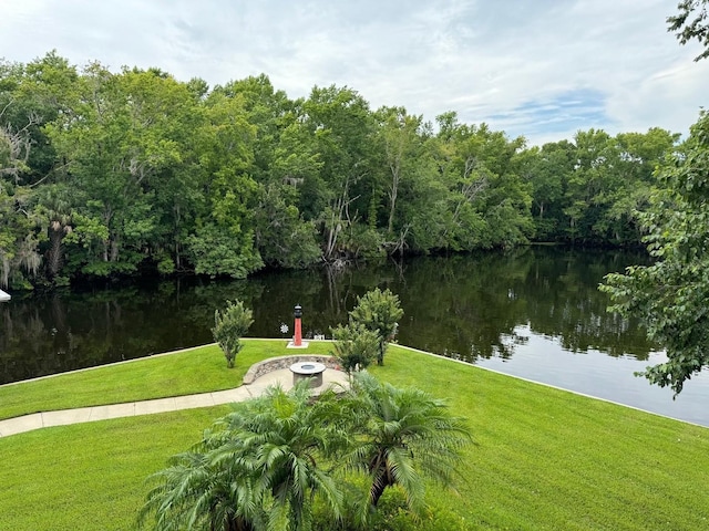 view of home's community featuring a water view, an outdoor fire pit, and a lawn