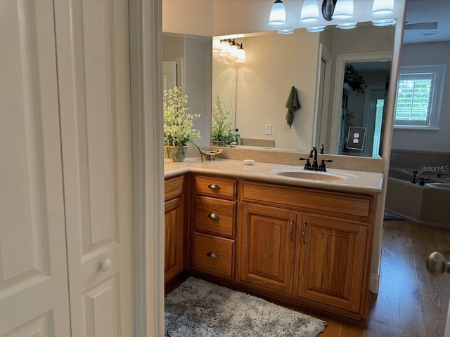 bathroom featuring hardwood / wood-style flooring, vanity, and a bathing tub