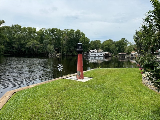 dock area featuring a lawn and a water view