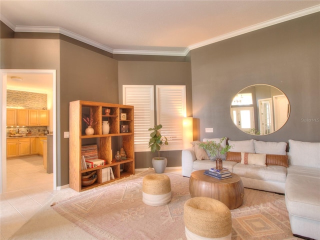 living room with crown molding and light tile patterned flooring