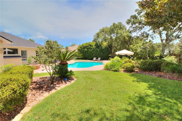 view of swimming pool featuring a yard