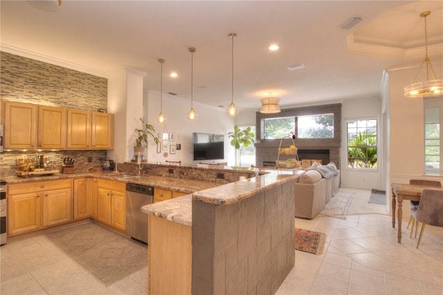 kitchen featuring dishwasher, hanging light fixtures, light stone counters, crown molding, and light brown cabinets