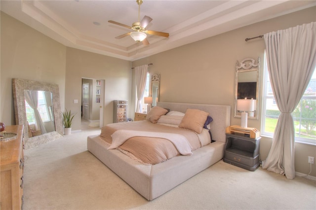 bedroom featuring a raised ceiling, carpet, and ceiling fan