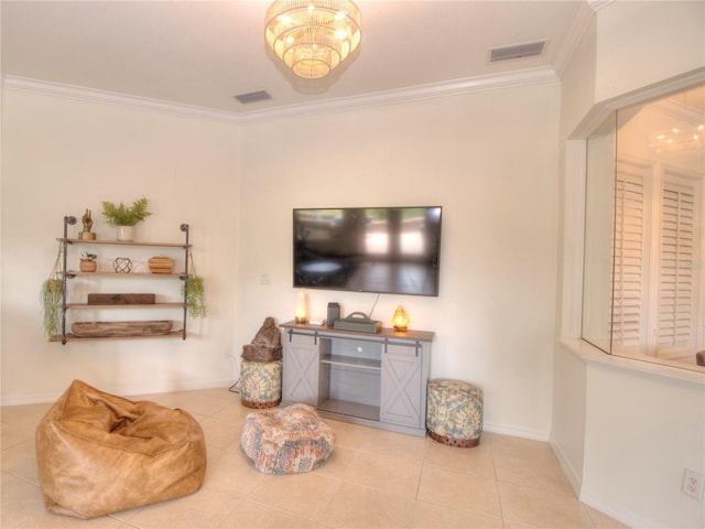 tiled living room with ornamental molding and an inviting chandelier