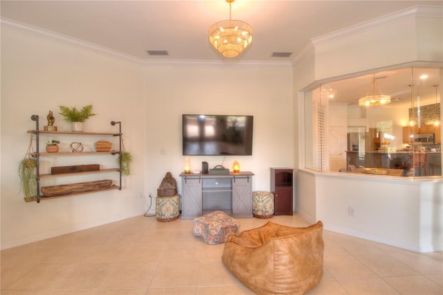 living room with crown molding and light tile patterned flooring