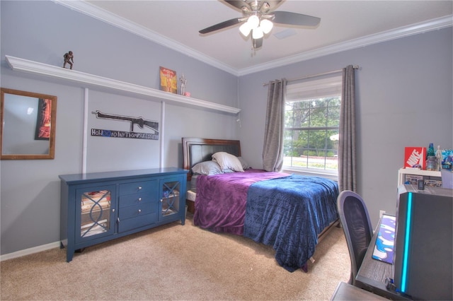 carpeted bedroom with crown molding and ceiling fan