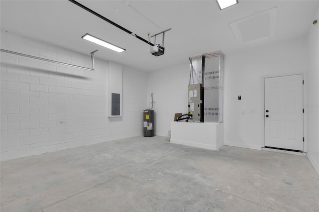 garage with electric panel, a garage door opener, water heater, and heating unit