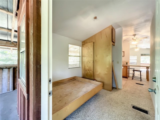 interior space featuring plenty of natural light, light colored carpet, and vaulted ceiling