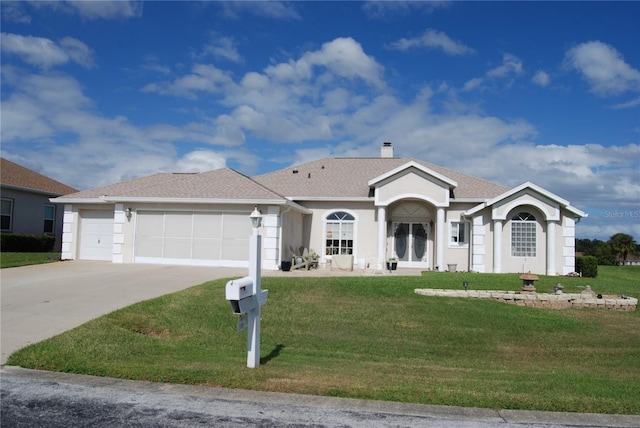 ranch-style home with a chimney, stucco siding, an attached garage, a front yard, and driveway