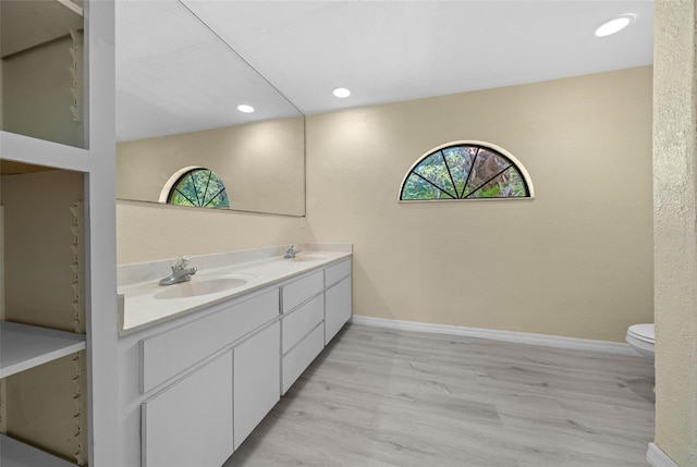 bathroom with hardwood / wood-style floors, vanity, and toilet