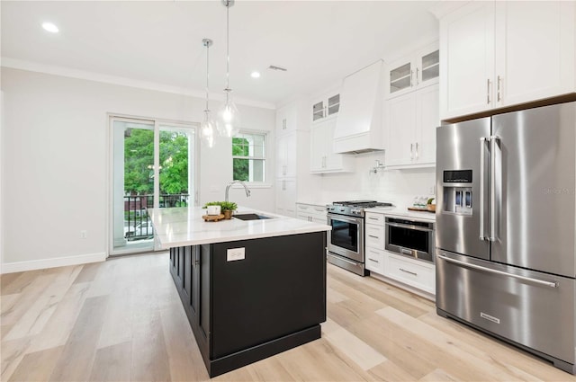 kitchen with custom range hood, high end appliances, sink, pendant lighting, and an island with sink