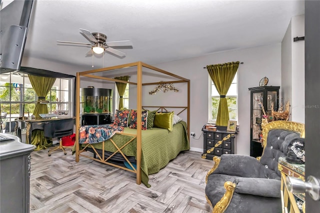 bedroom featuring light parquet flooring