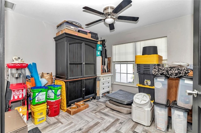 game room featuring ceiling fan and light parquet flooring