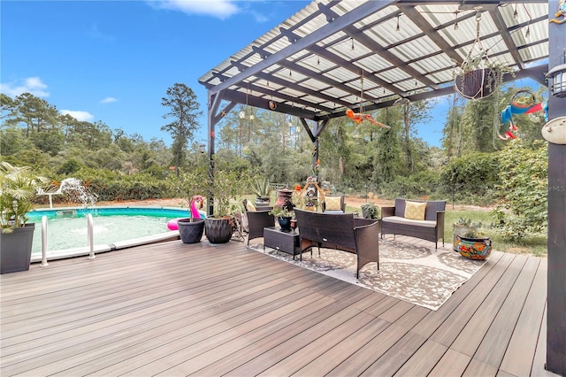 wooden deck with a pergola and outdoor lounge area