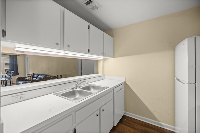 kitchen featuring sink, white appliances, dark wood-type flooring, and white cabinets