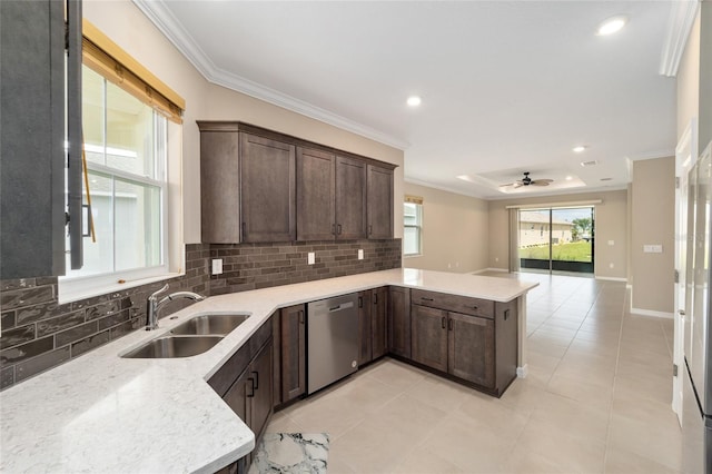 kitchen featuring dark brown cabinetry, ceiling fan, sink, stainless steel dishwasher, and kitchen peninsula