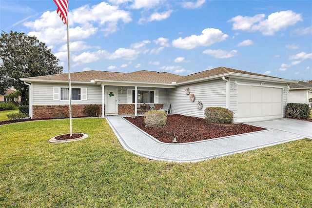 single story home with a front yard and a garage