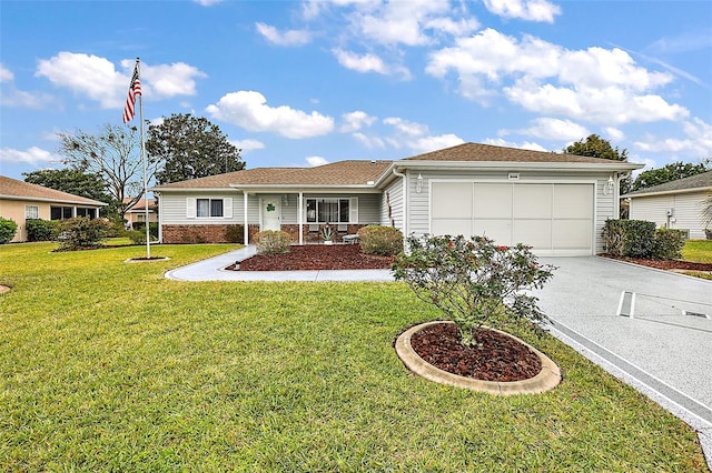 single story home with a front yard and a garage