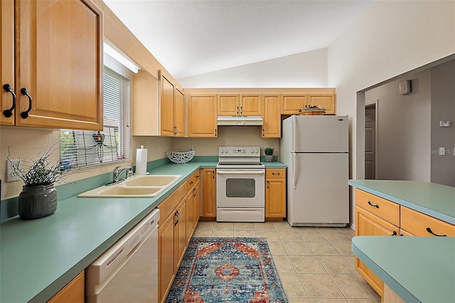 kitchen with light tile patterned floors, white appliances, lofted ceiling, and sink