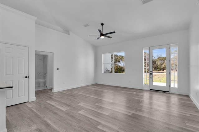 unfurnished living room with high vaulted ceiling, light hardwood / wood-style flooring, and ceiling fan